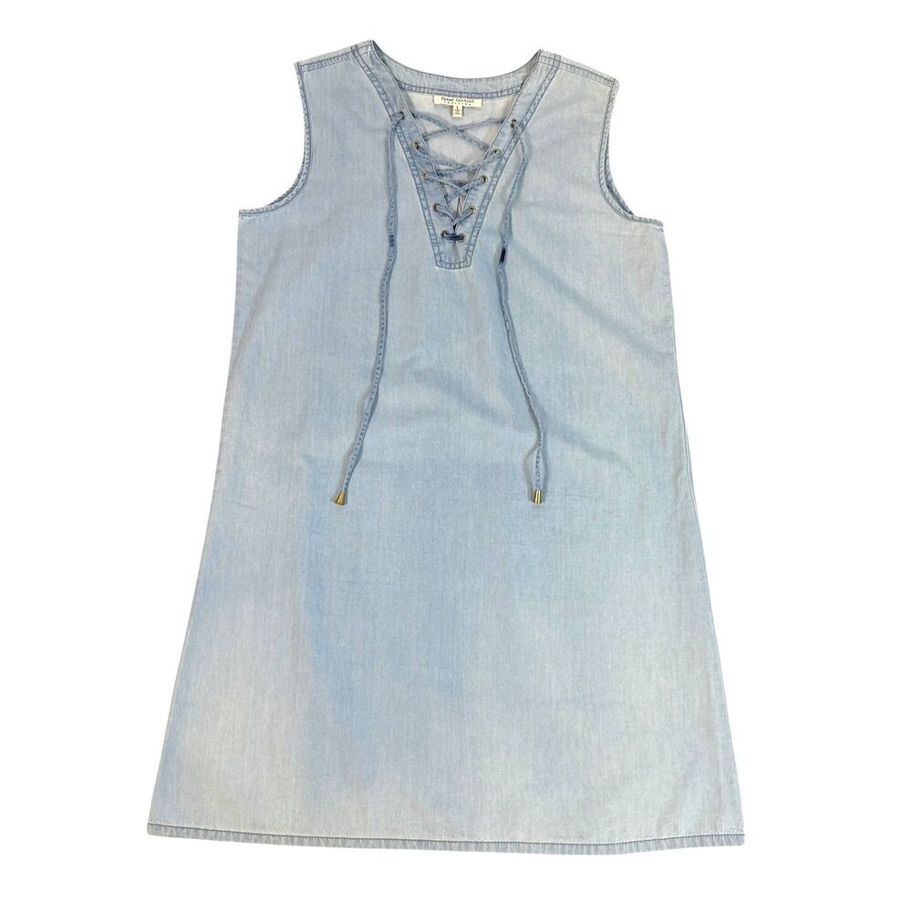 Speed Control Light Wash Denim Jean Lace Up V-Neck Shift Dress Womens Large